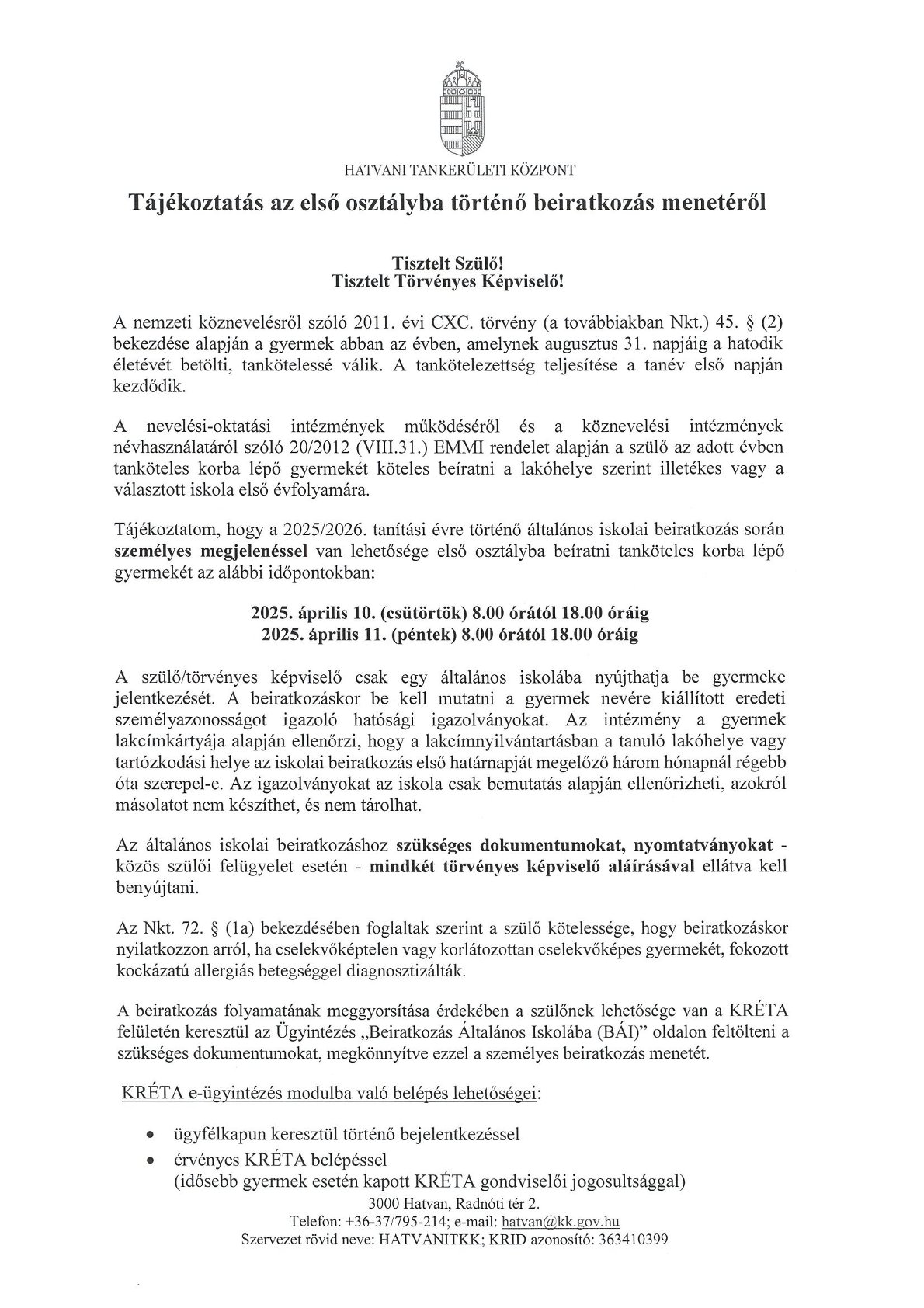 tájékoztatás ált.isk. beiratkozásról 2025 1