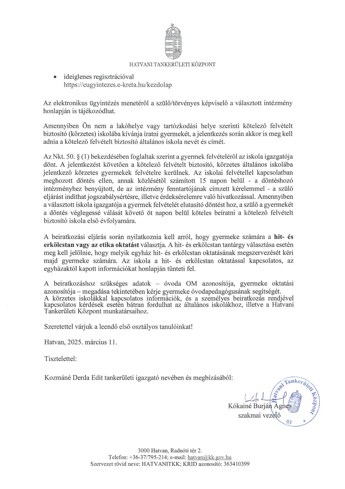 tájékoztatás ált.isk. beiratkozásról 2025 2